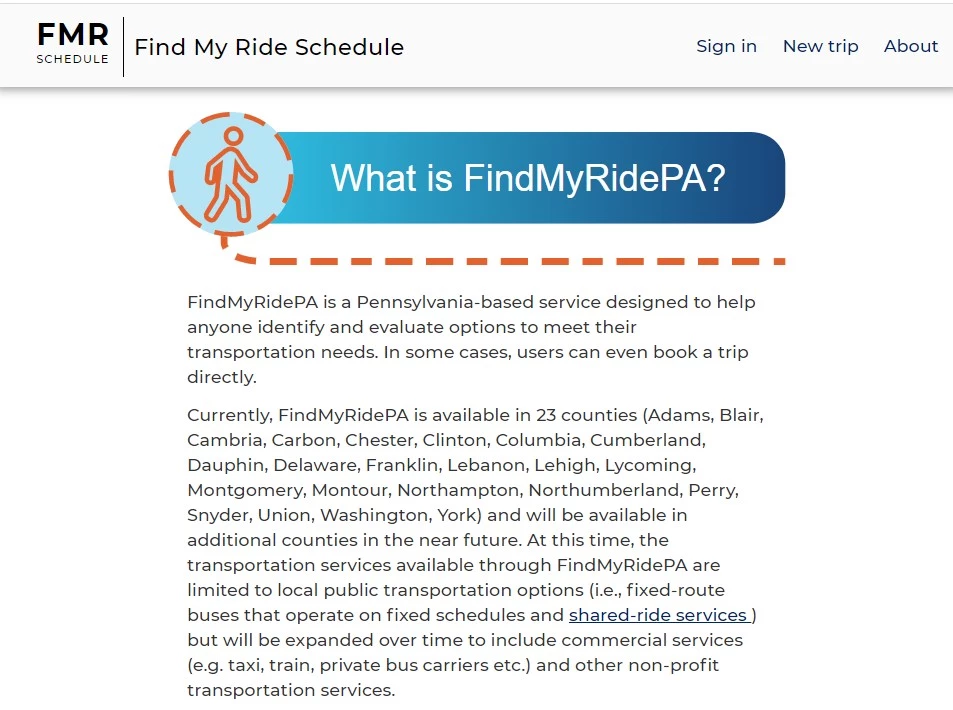 A screen shot of the Find My Ride Schedule website, describing FindMyRidePA.